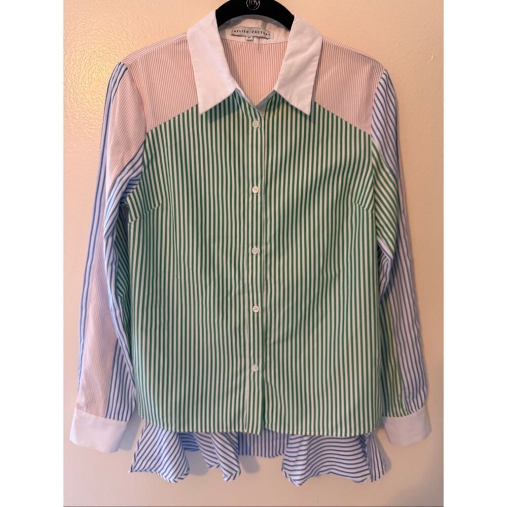 English Factory Long Sleeve Striped Button Down Shirt Ruffle Back